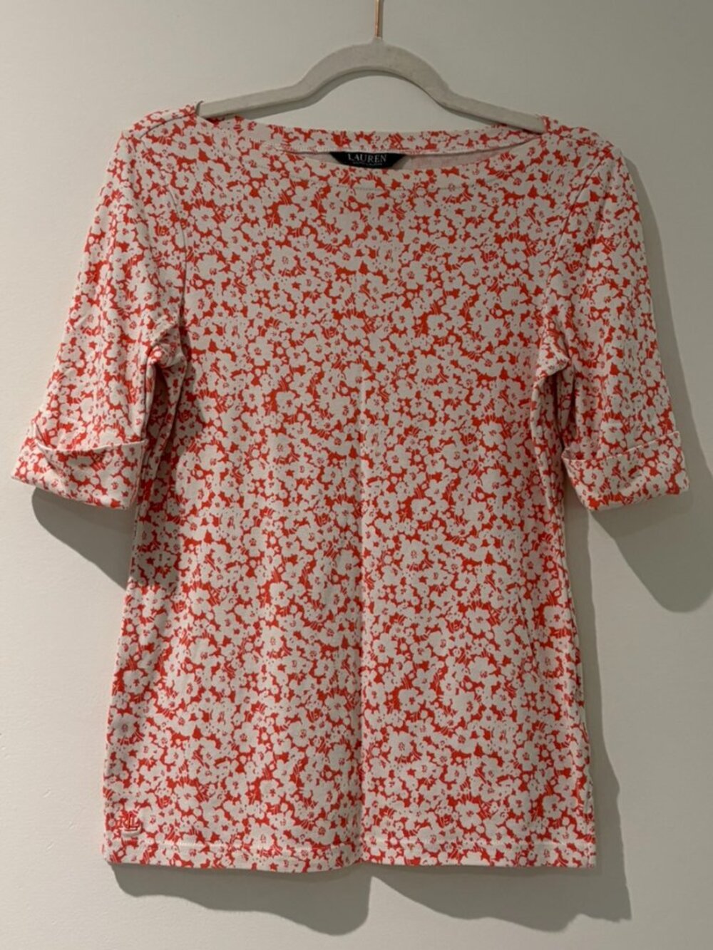 Lauren Ralph Lauren Red-Orange Floral Stretch Cotton Boatneck Tee Size M